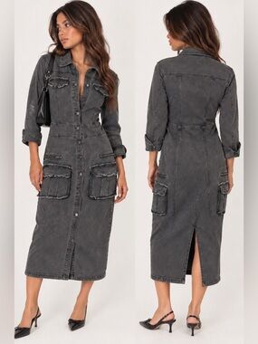 My Boo Washed Black Utility Denim Coat Dress